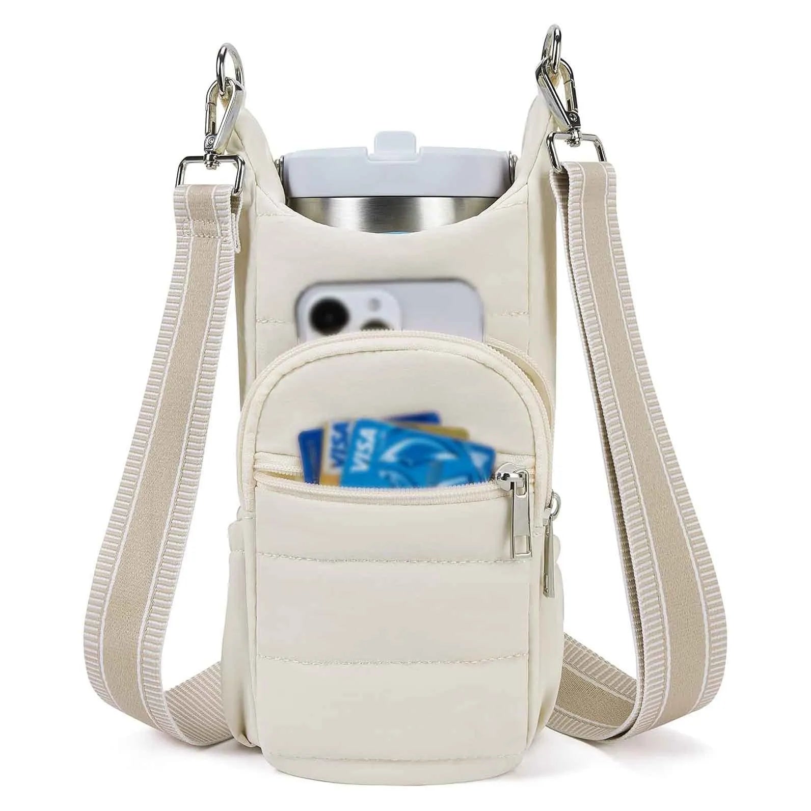 Cloth bicycle water bottle bag in black, pink and beige colours for kettle or bottle storage