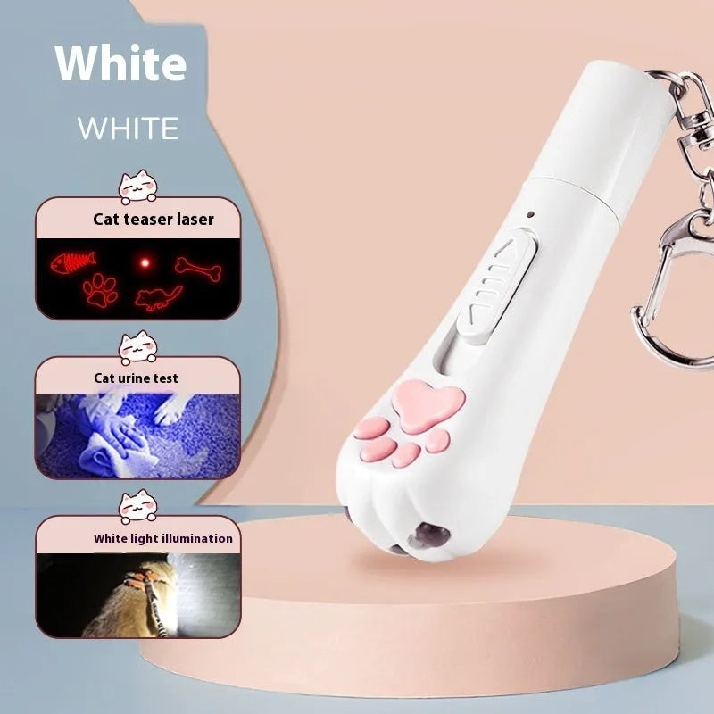 Colourful cat teaser wand toy with feather attachment and pen light charger for interactive play.