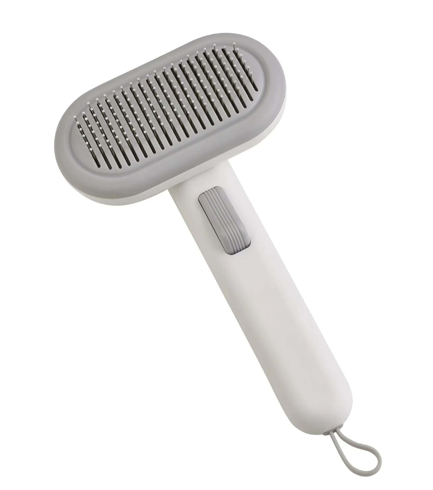 Large pet grooming comb with stainless steel teeth and one-click cleaning button in light grey colour