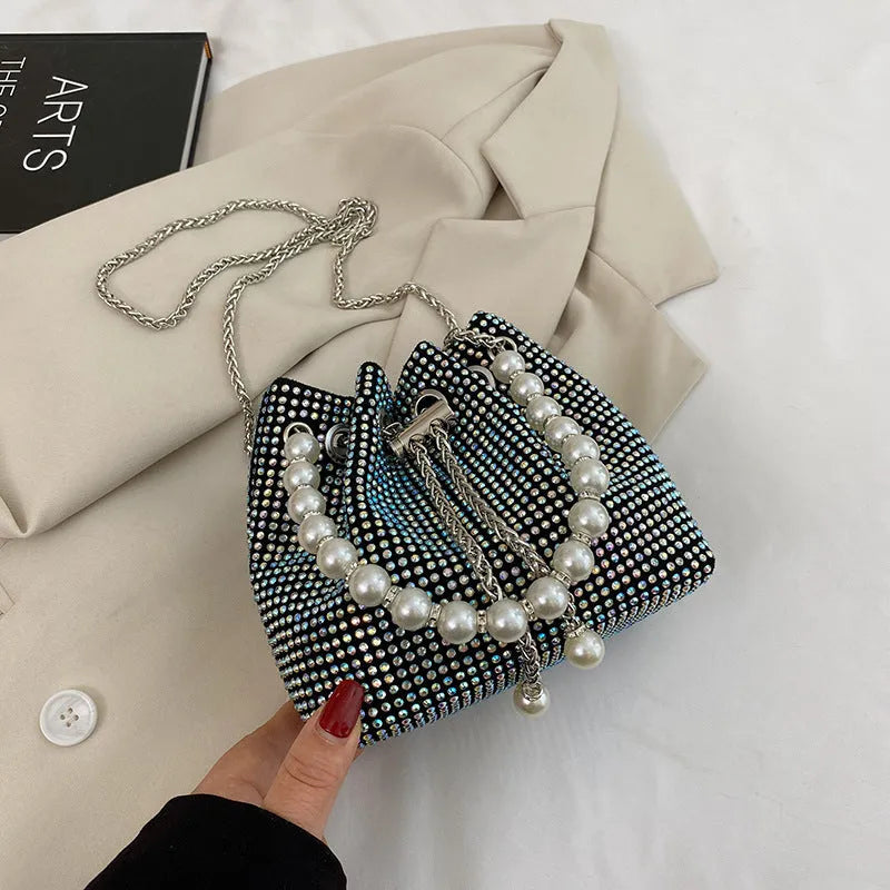Fashion light diamond crossbody shoulder bag with chain strap in bucket shape