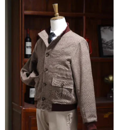 Men's brown tweed short stand-collar single-breasted coat with 70% wool, slim-fit front view