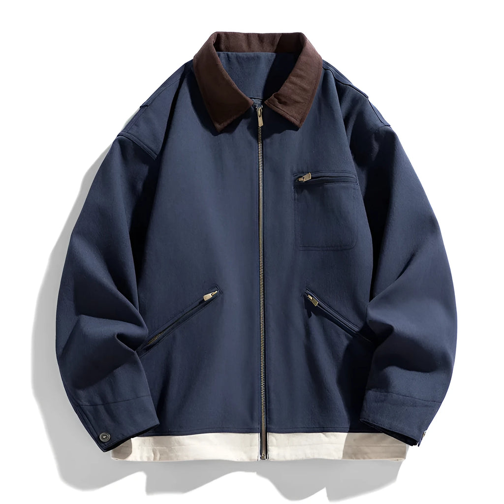 Korean style loose couple jacket with contrast lapels in polyester fabric