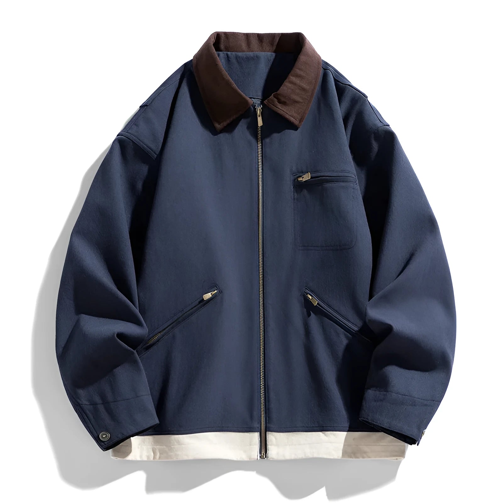 Korean style loose couple jacket with contrast lapels in polyester fabric
