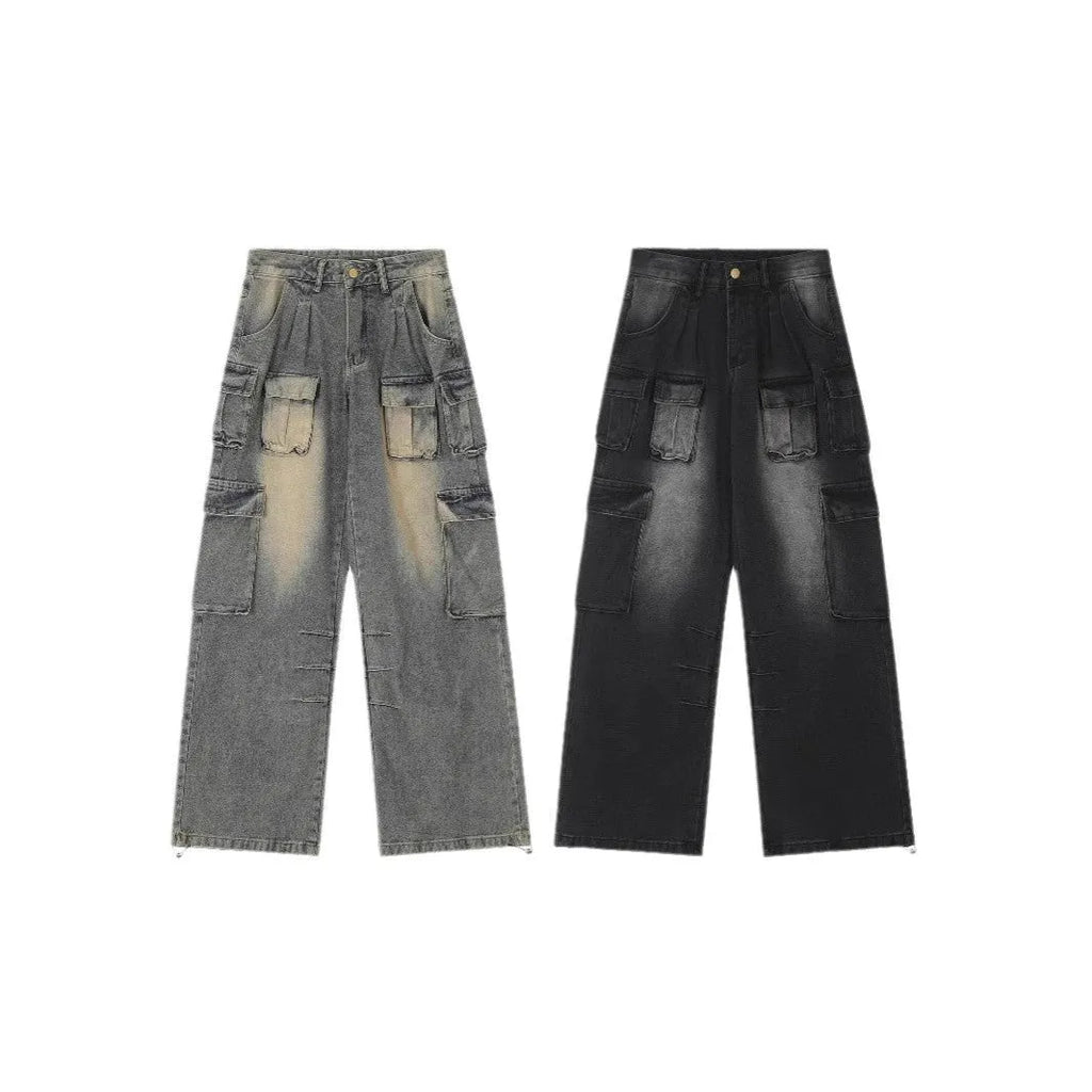 Loose fit distressed denim jeans with multiple pockets in light blue wash