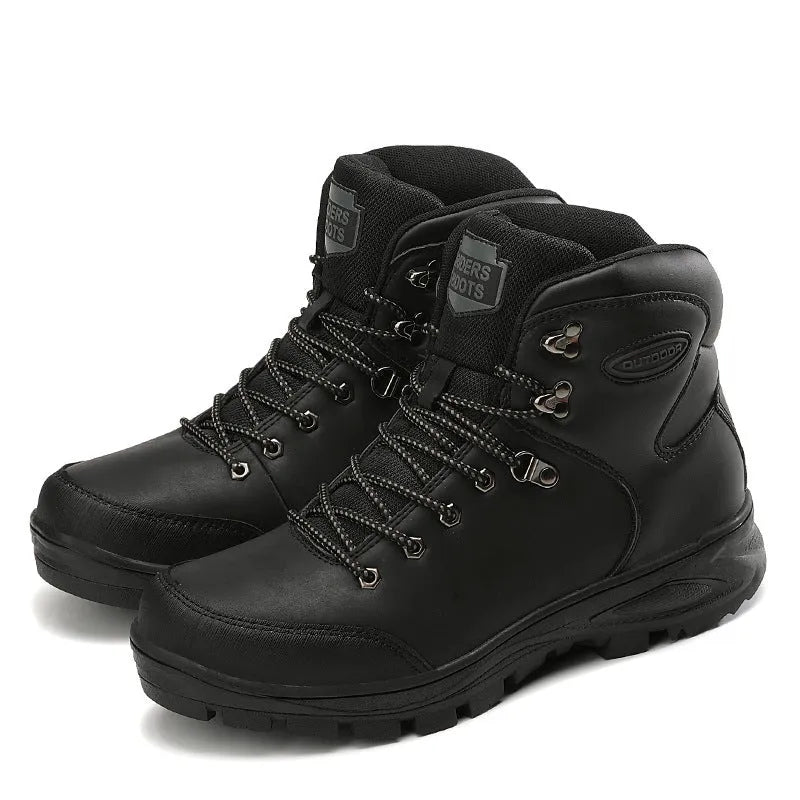 Men's winter high-top cotton boots in black, first layer cowhide leather, velvet lining, rubber sole, lace-up style