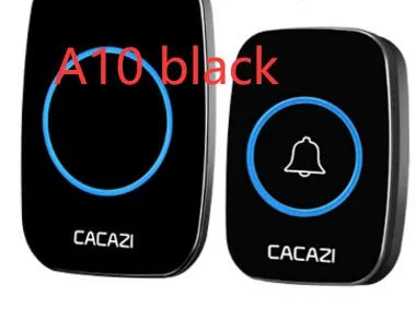 Wireless doorbell system with receiver unit and battery-operated transmitter showing colour options in black, white, gold, and silver finishes