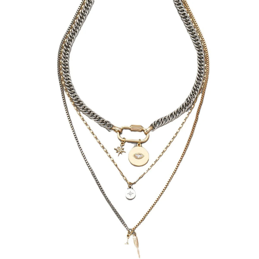 Alloy multi-layer twin necklace with geometric elliptical pendant on a white background
