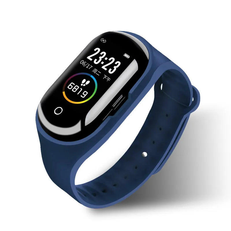 Smart bracelet and wireless earphone combo in silicone with touchscreen display showing fitness metrics
