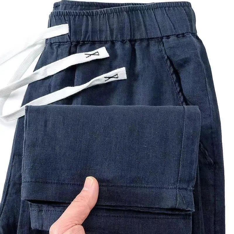 Pure linen Chinese style trousers with drawstring waist in straight leg design