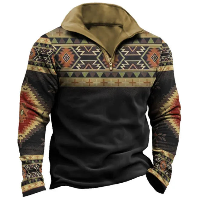 Men's long sleeve t-shirt with retro colour printing and striped zipper decoration on polyester bird eye cloth
