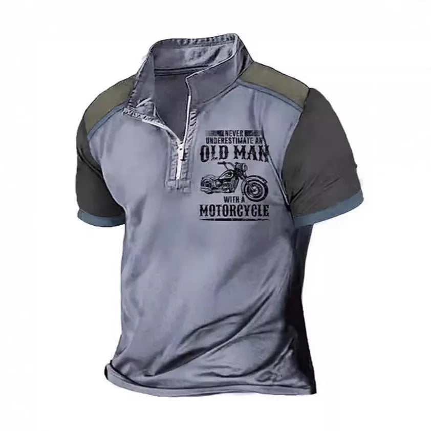 Men's casual polo shirt with lapel, zip decorations, and digital letter print in various colours.