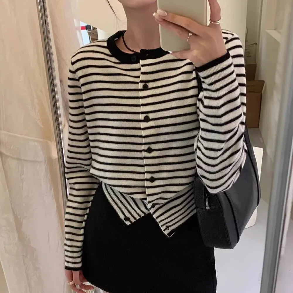 Women's dark grey and white striped viscose cardigan with 40cm short length slim fit