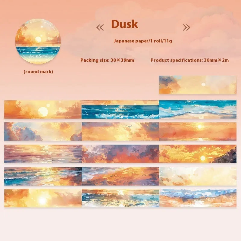 Japanese paper washi tape roll with celestial sky patterns including colourful clouds and twilight, 30mm width