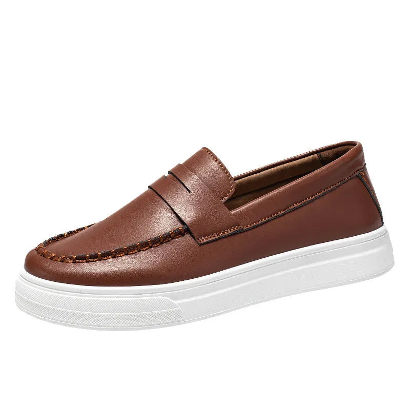 British style men's casual leather shoes in artificial PU with round toe, shown in white, black and white, and khaki colours