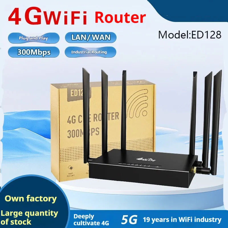 Industrial iron box 4G router with power adapter on a table, showing compact size and DC power port.