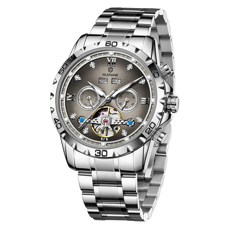Men's automatic mechanical watch with stainless steel strap and mineral glass in multiple colour options
