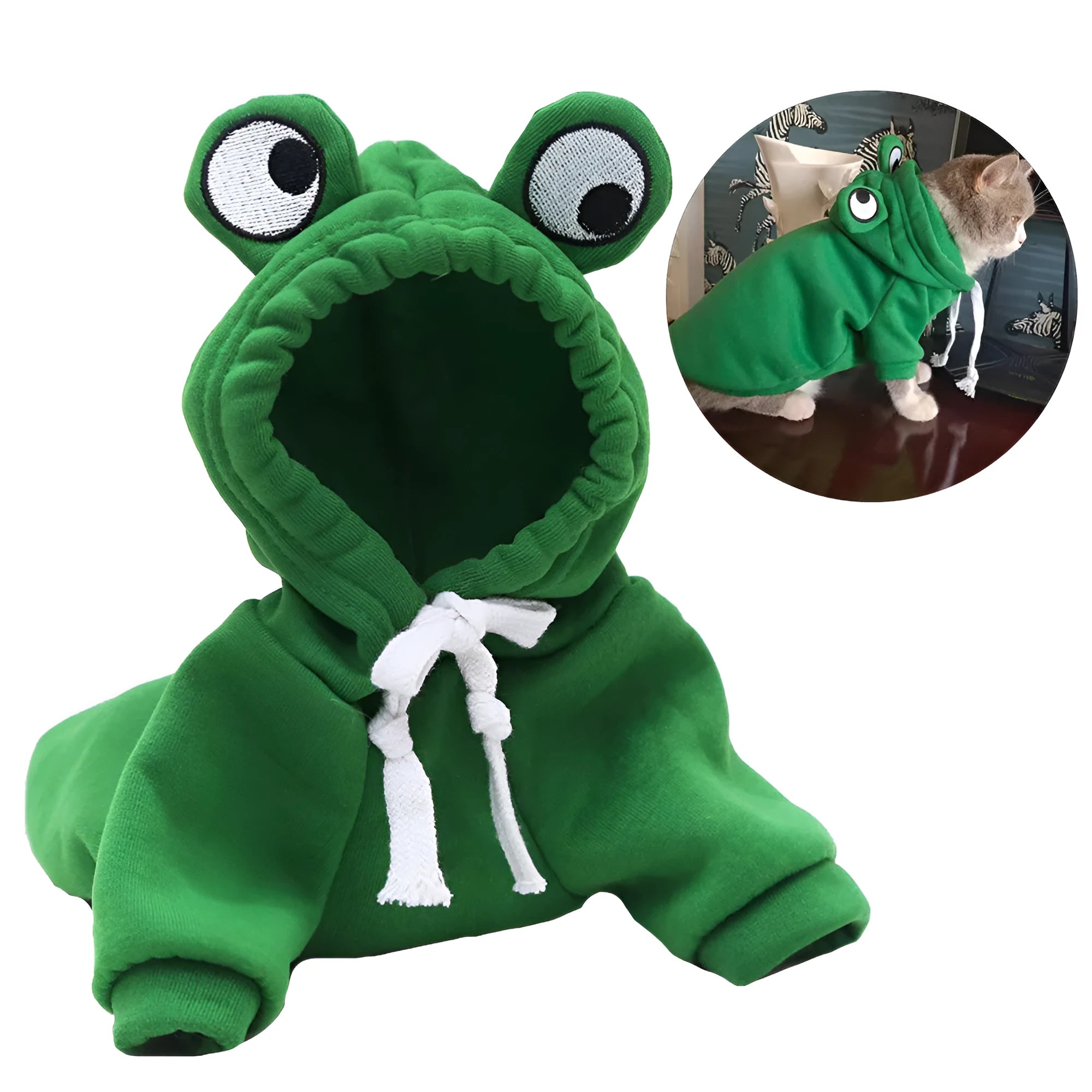 Green frog costume hoodie on a small dog, showing long sleeves and hood