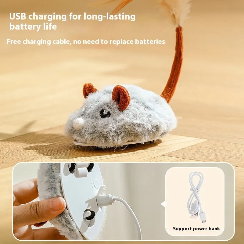Rechargeable electric cat pole toy with a pink plush mouse on a stand.