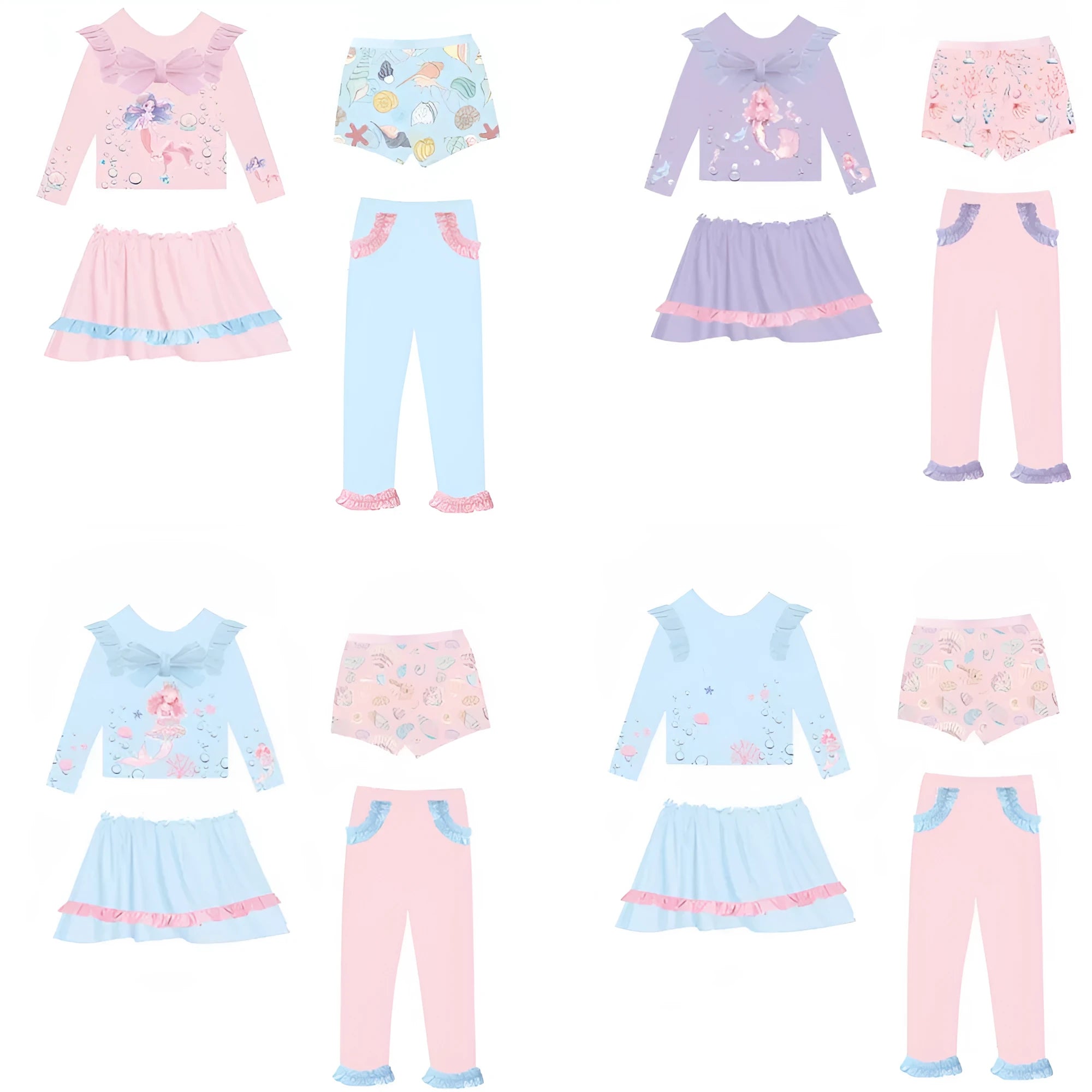 Girl's gilded colour print mermaid swimsuit set with top, skirt, trousers, and shorts