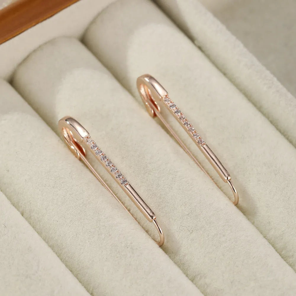 Rose gold copper pin earrings with geometric asymmetric shape and inlaid zircon for women