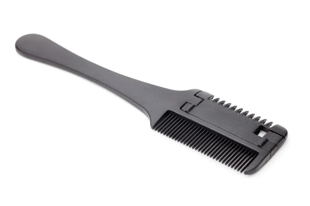Pet razor comb grooming tool with comb teeth and razor blade, includes ten spare blades.