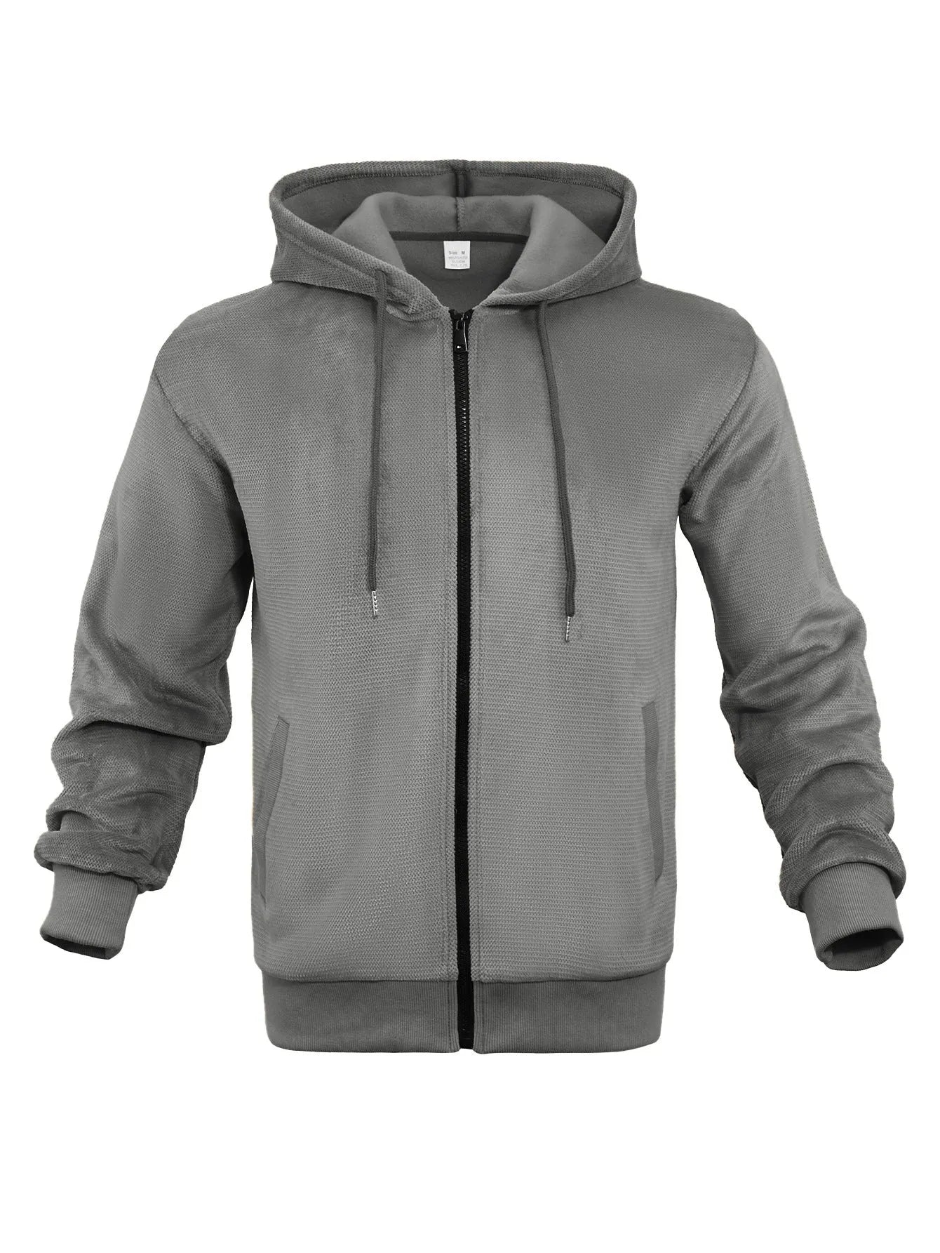 Men's fleece lined zippered hooded sweatshirt cardigan in military green on a model, front view, long sleeves, zip front
