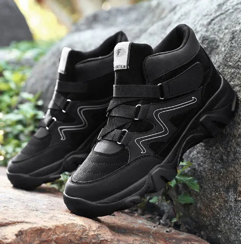 Men's black leather lace-up walking shoes with thick rubber soles