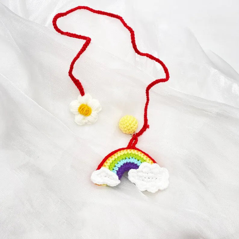Handmade crocheted avocado rainbow flower car pendant in wool yarn for vehicle interior decoration