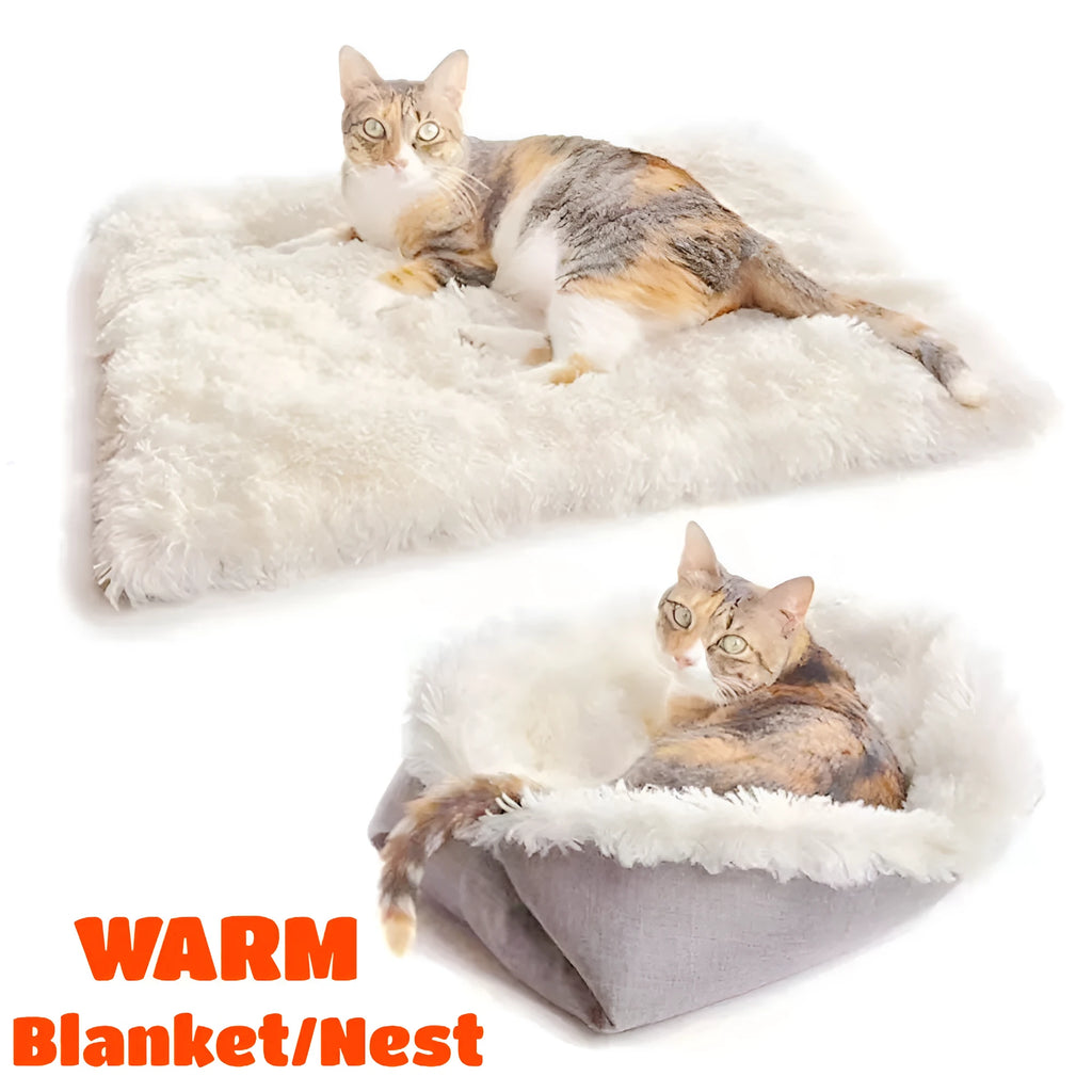 Grey and white fluffy double-layer pet blanket nest with black non-slip bottom, size 61x51cm