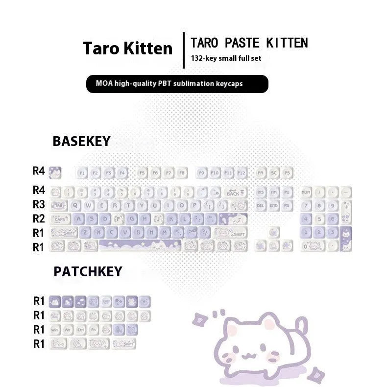 Sublimation PBT key cap set for Wooting magnetic shaft keyboards, showing Taro Kitten Moa design on a dark background