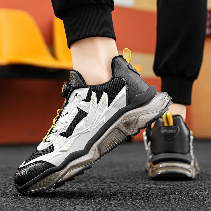 Men's black rotating button dad shoes with mesh upper and platform sole on a white background.