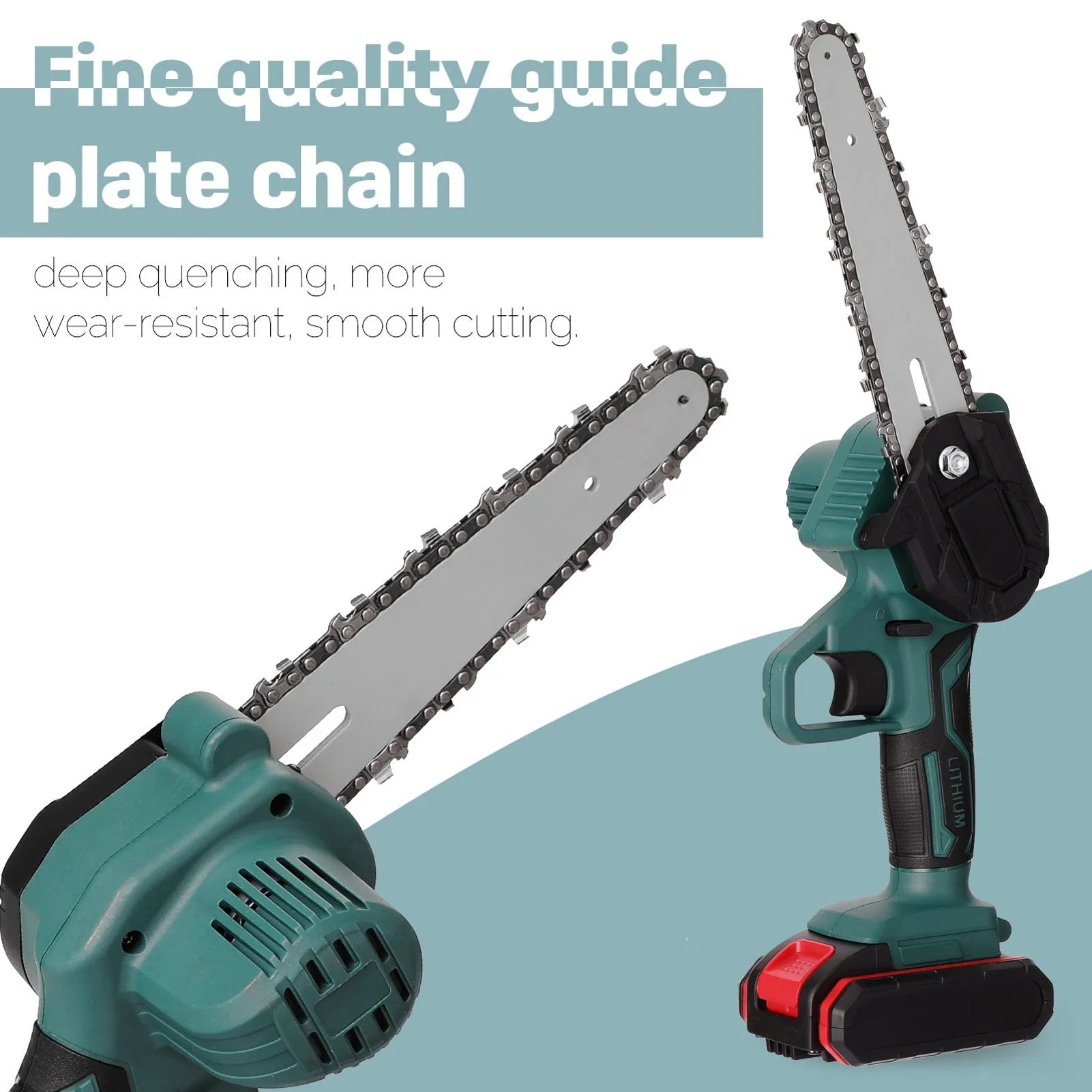 Black one-handed mini electric chainsaw with a 4-inch guide bar on a wooden surface.