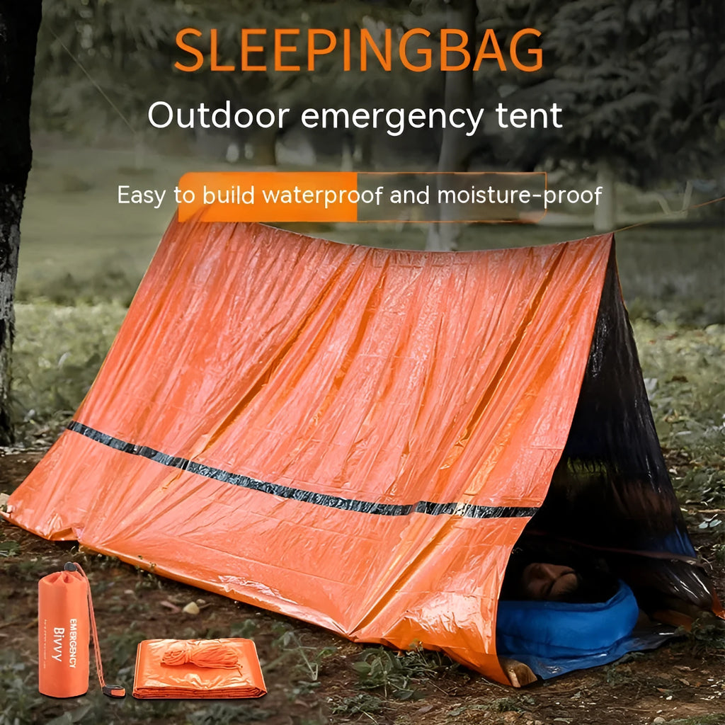 Orange emergency tent kit with sleeping bag, raincoat and whistle for disaster relief