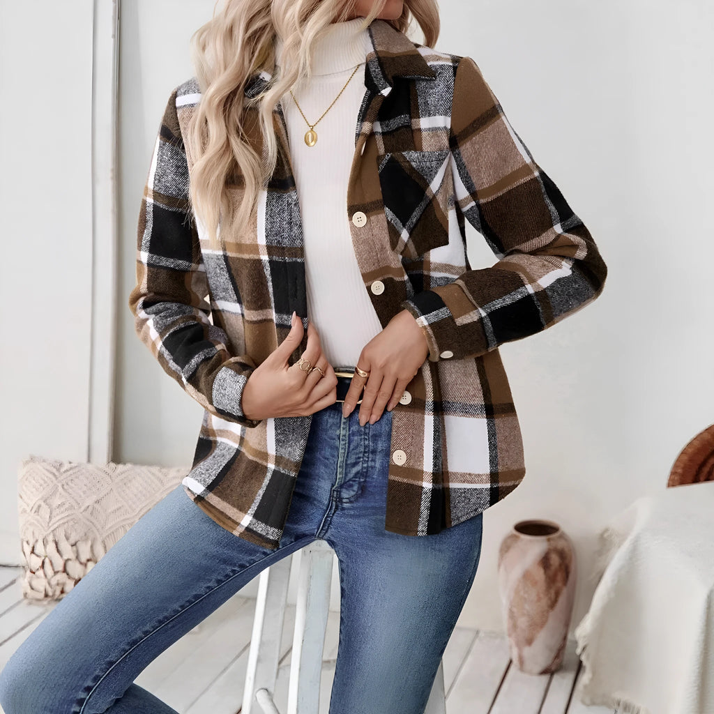Woolen woven plaid button shirt collar jacket top in brown, with pockets, medium thickness polyester fabric, casual style