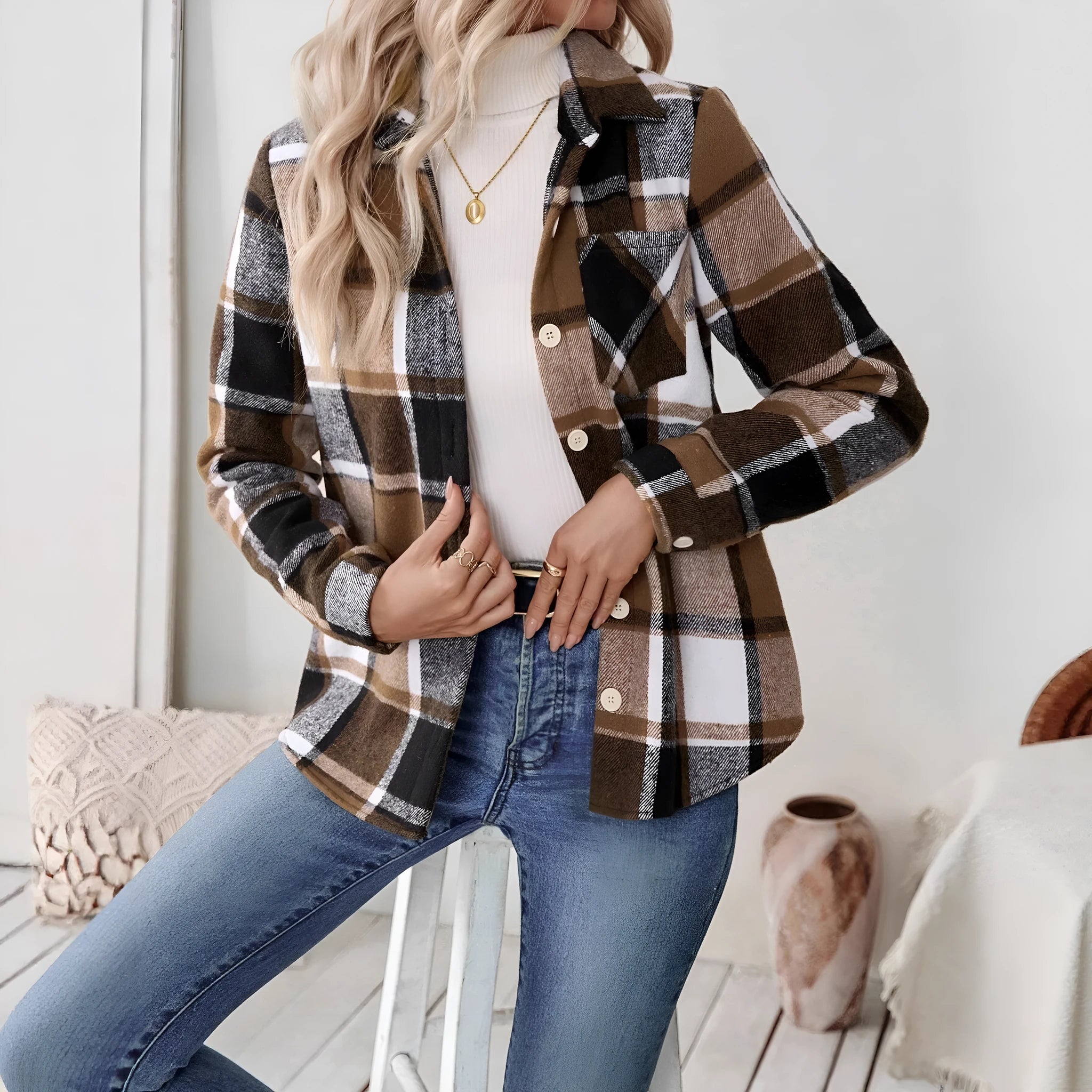 Woolen woven plaid button shirt collar jacket top in brown, with pockets, medium thickness polyester fabric, casual style