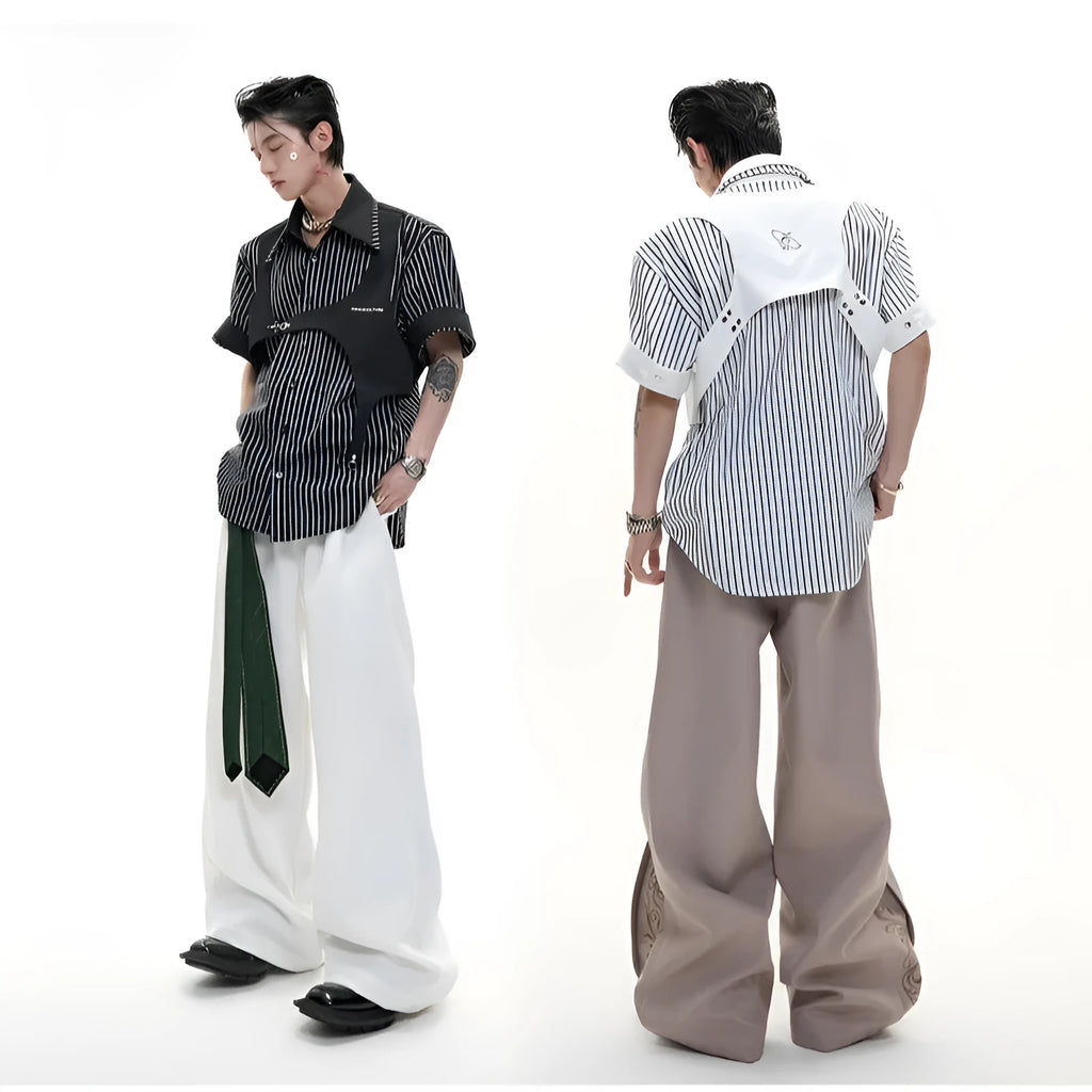 Men's black and white striped cotton shirt with double collar lapel design and short sleeves