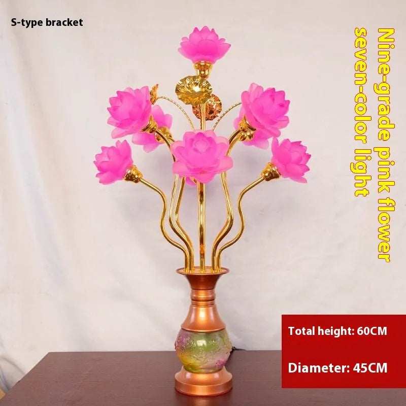 Colored glaze lotus lantern with alloy base, pink floral petals, and LED light for temple worship