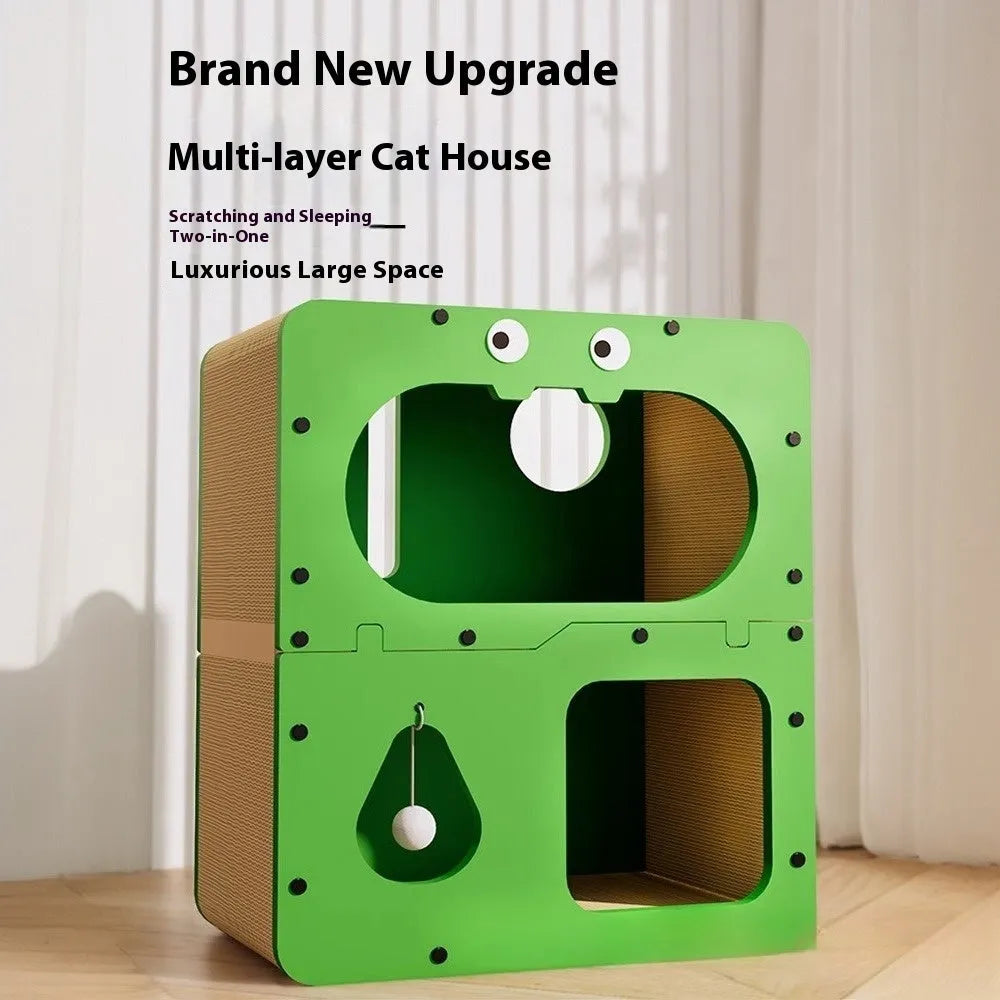 Double layer cat scratching board with integrated nest in owl and cat head design styles