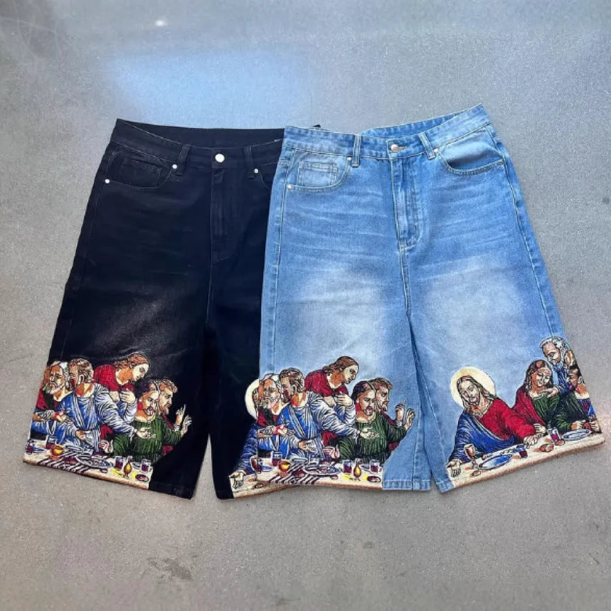 Men's blue cotton shorts with Jesus printed back pocket, tapered style with micro elasticity fabric