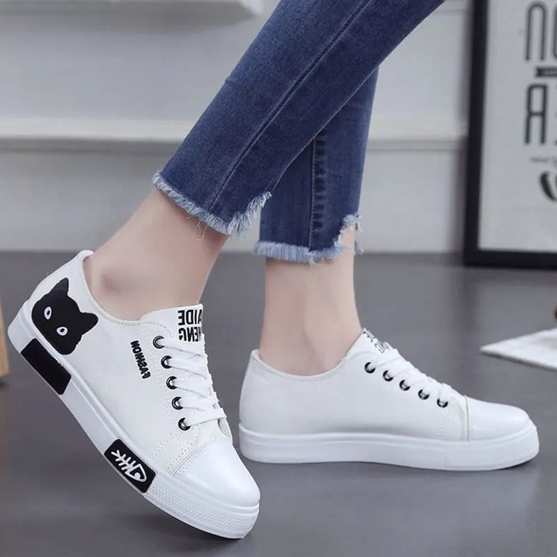Cat fish print canvas shoes ladies slip-on casual sneakers pink black white sizes 35 to 40