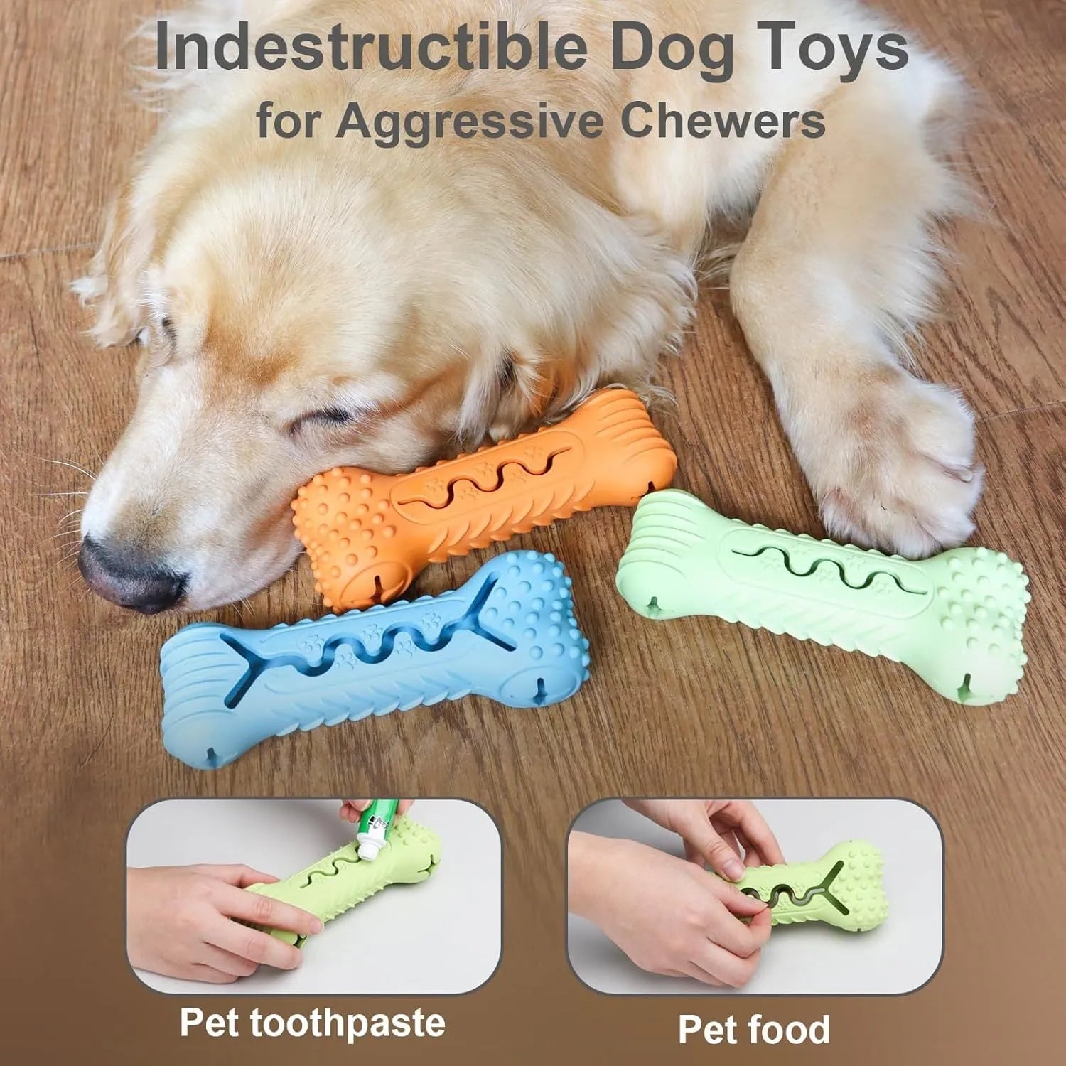 Blue green orange natural rubber bone-shaped dog chew toy for aggressive chewers with textured teeth cleaning surface