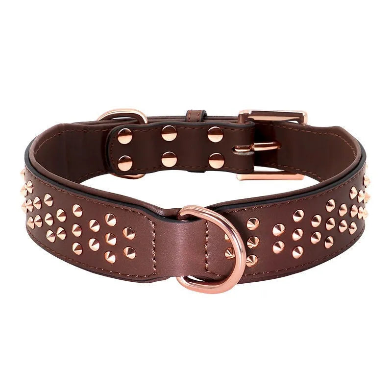 Leather dog collar with metal rivets in black, chocolate, or pink for large breed training
