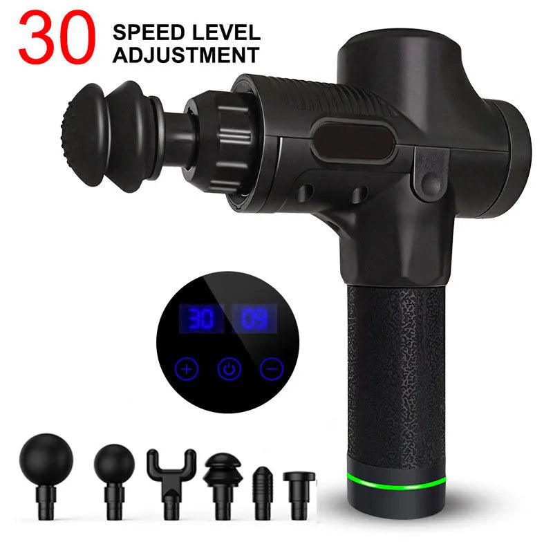 Fascia massage gun with 30-speed settings, 24V brushless motor, and six massage heads in black colour