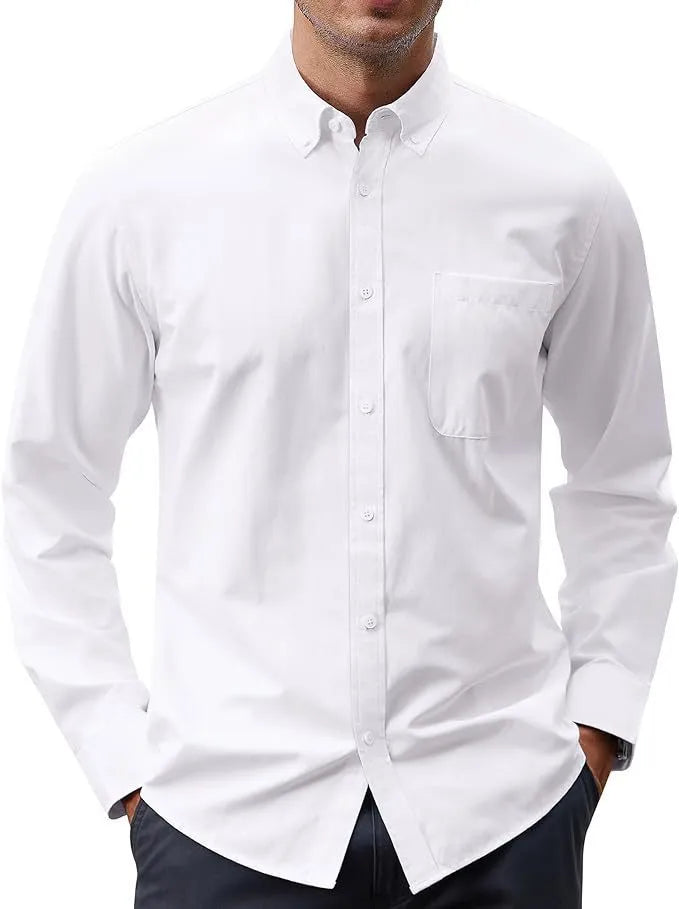 Solid colour Oxford long sleeve button shirt in cotton blend, available in multiple colours and sizes