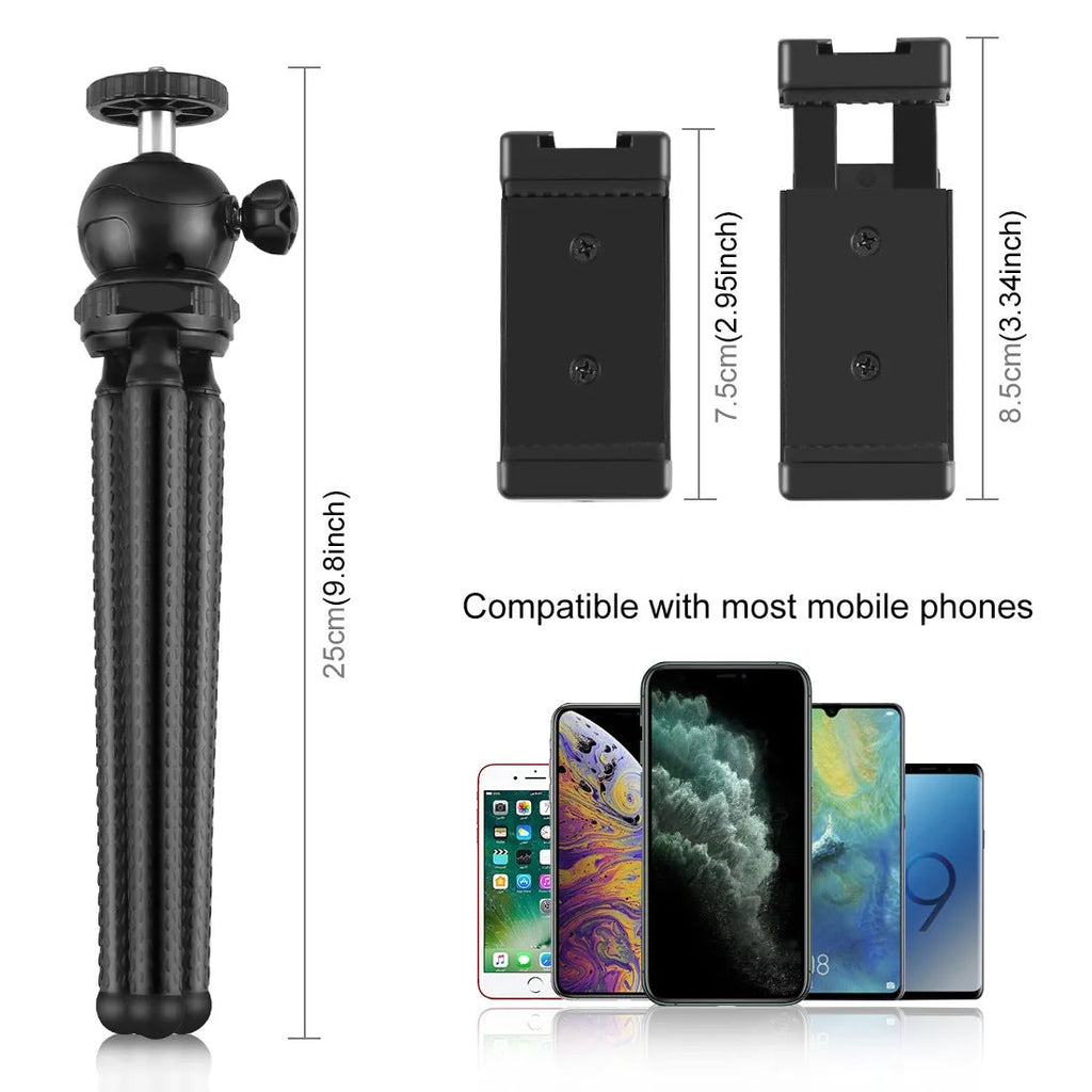 Black octopus tripod with flexible legs and a fill light microphone, shown mounted on a post.
