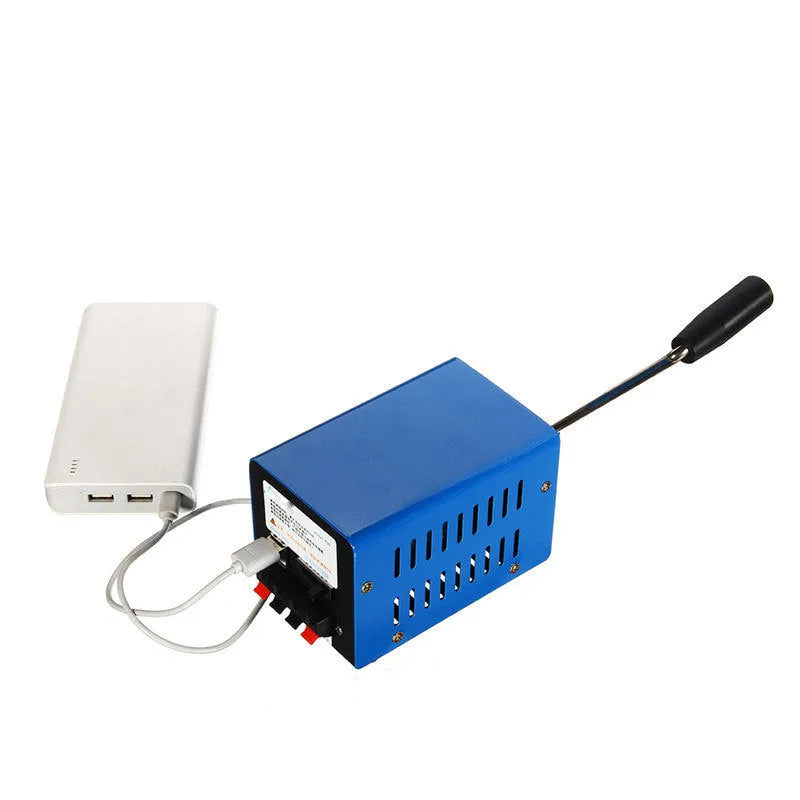 Blue metal hand crank emergency generator with USB port for charging devices