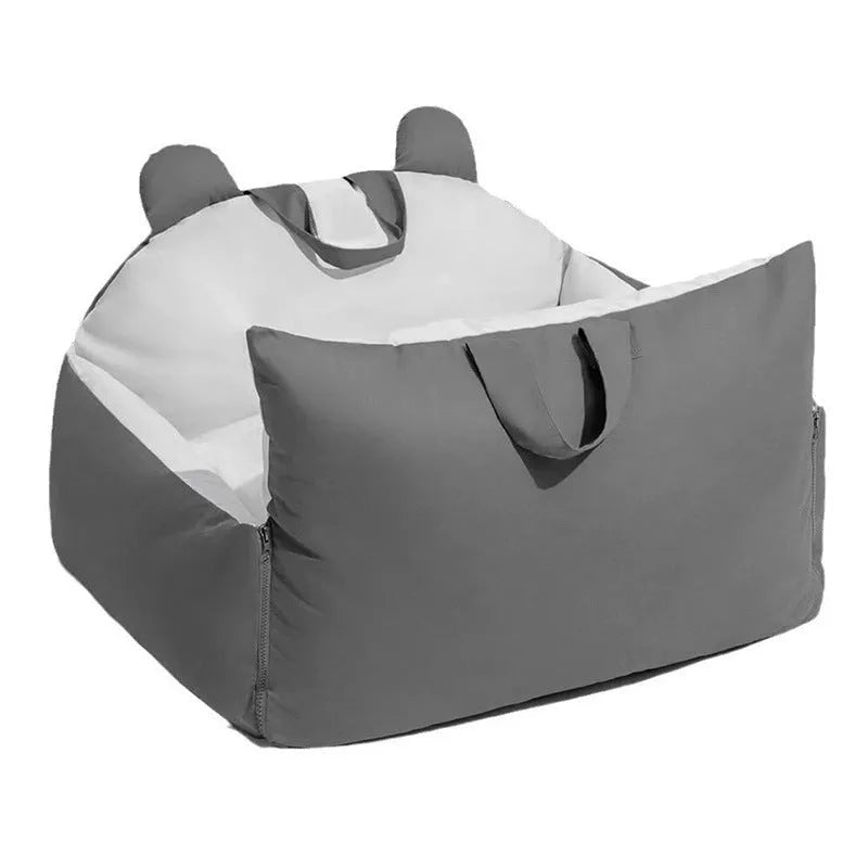 Removable and washable dog car kennel in beige, showing medium and large size options.
