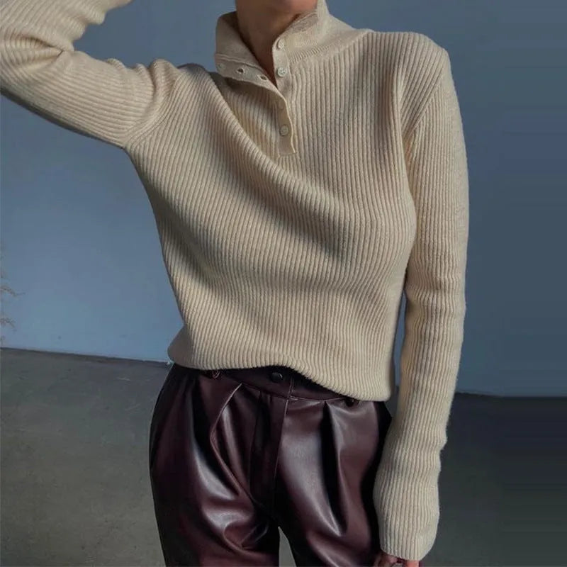 Women's retro breasted half turtleneck pullover sweater in spandex cotton blend fabric