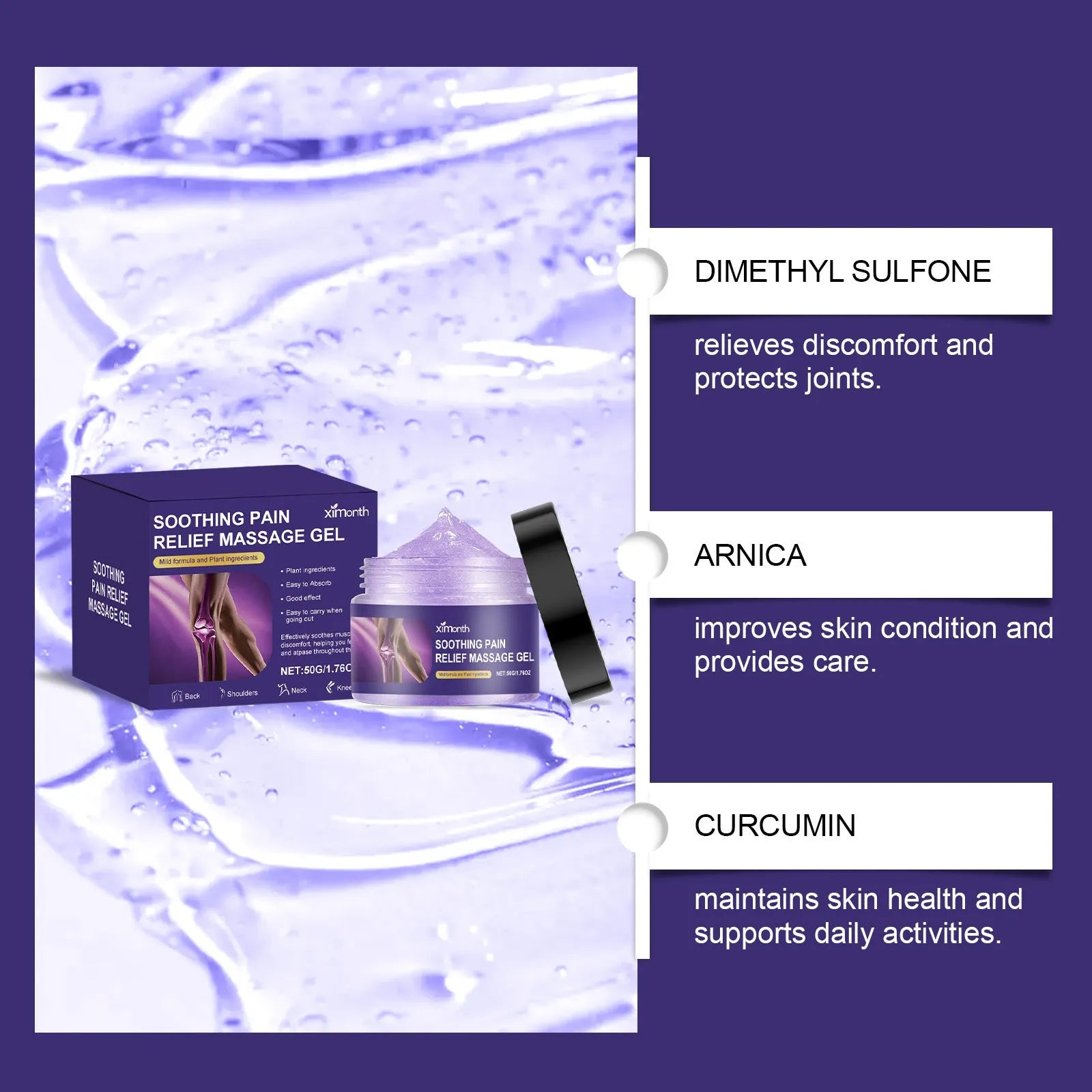 50g tube of cooling joint care gel for shoulders, back, knees, and elbows.