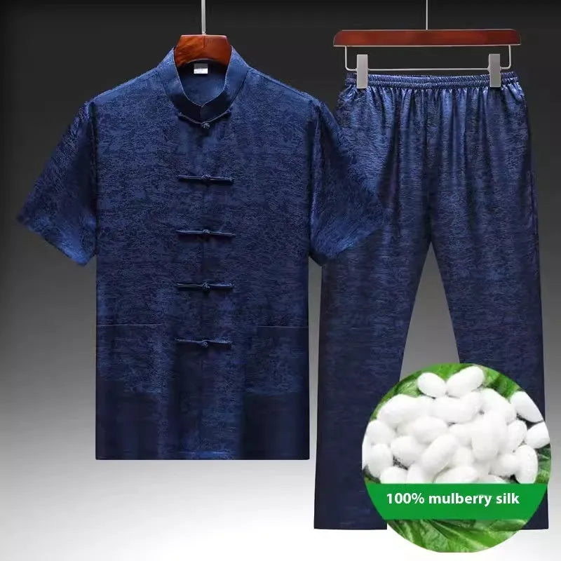 Men's Chinese style Tang suit in mulberry silk satin showing traditional design with available colour variations